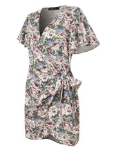 Vintage Flower Print Wrap Body Tie V-neck Short Mini Dress